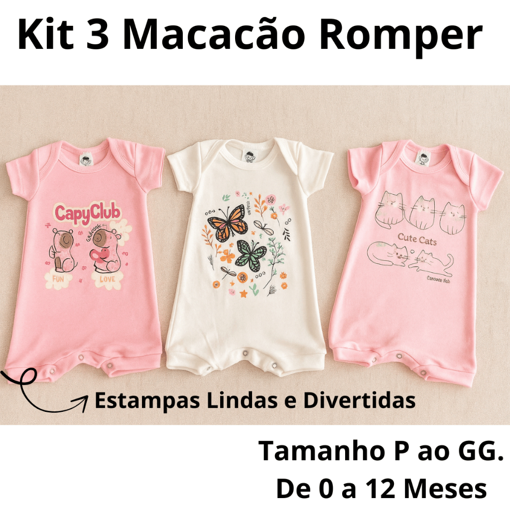 Kit 3 Macacão Romper Verão Menina Bebê P M G GG em Oferta na Shopee