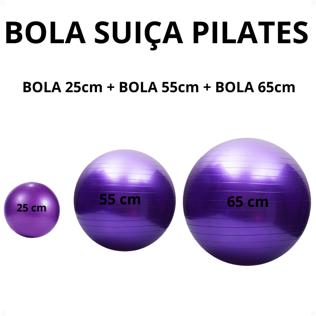 Kit Bola Pilates Yoga 65, 55 e 25 cm Abdominal Ginástica Suíça Fisioterapia Cross Treino Alongamento