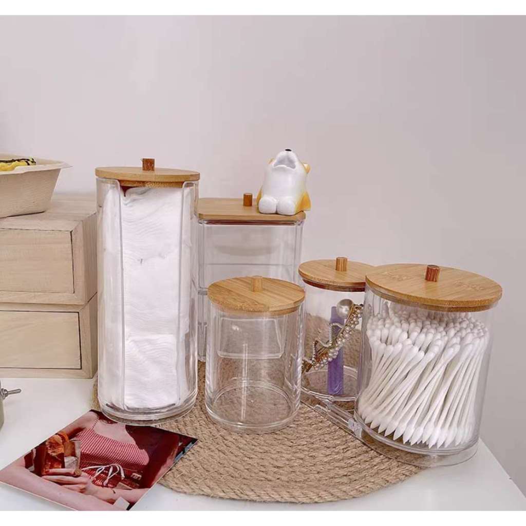 Porta Cotonetes Duplo Em Acrílico Ou Tampa Bambu  Organizador de Algodão Super Resistente