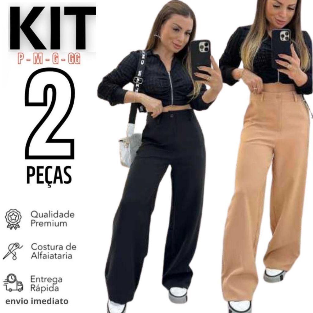 Kit 2 Calça Alfaiataria PREMIUM Cintura Alta Com Bolso ENTREGA RAPIDA em Oferta na Shopee