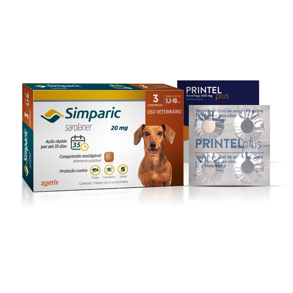 Kit Simparic Cães de 5,1 a 10kg 3 Comprimidos + Vermífugo Printel Plus 4 Comprimidos