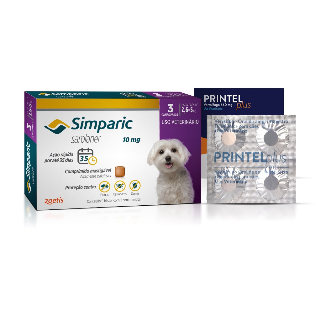 Kit Simparic Cães de 2,6 a 5kg 3 Comprimidos + Vermífugo Printel Plus 4 Comprimi