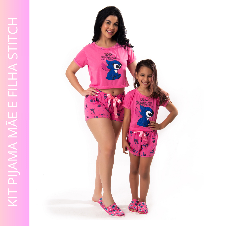 Kit 1 Pijama Feminino ADULTO Mae +1 Pijama Filha INFANTIL StitchTal Mãe Tal Filha Baby Dool Short Doll Manga Curta Rosa