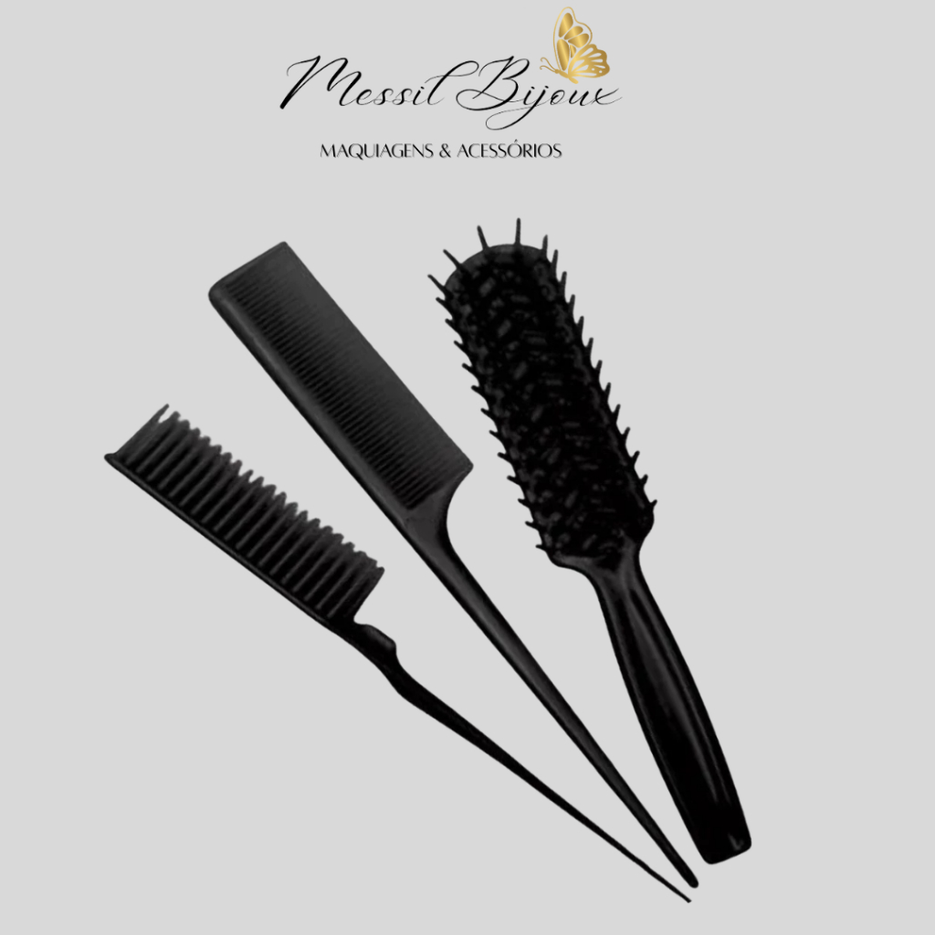 Kit Escovas Para Cabelo Pente Fino + Escova Mariana + Pente Três Fileiras CORES SORTIDAS