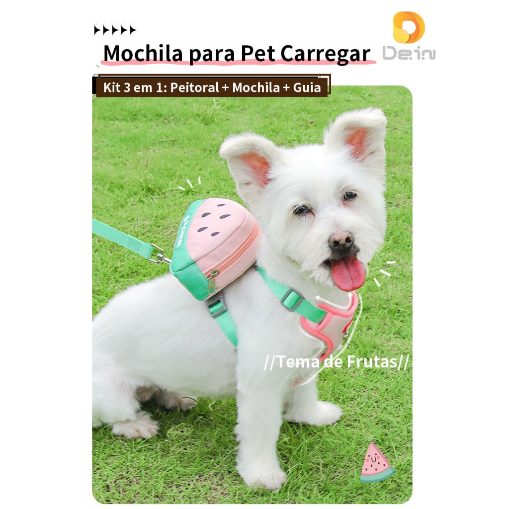 Peitoral para Cães com Mochila Frutas Colete Ajustável Guia Conforto Segurança Passeio Pet