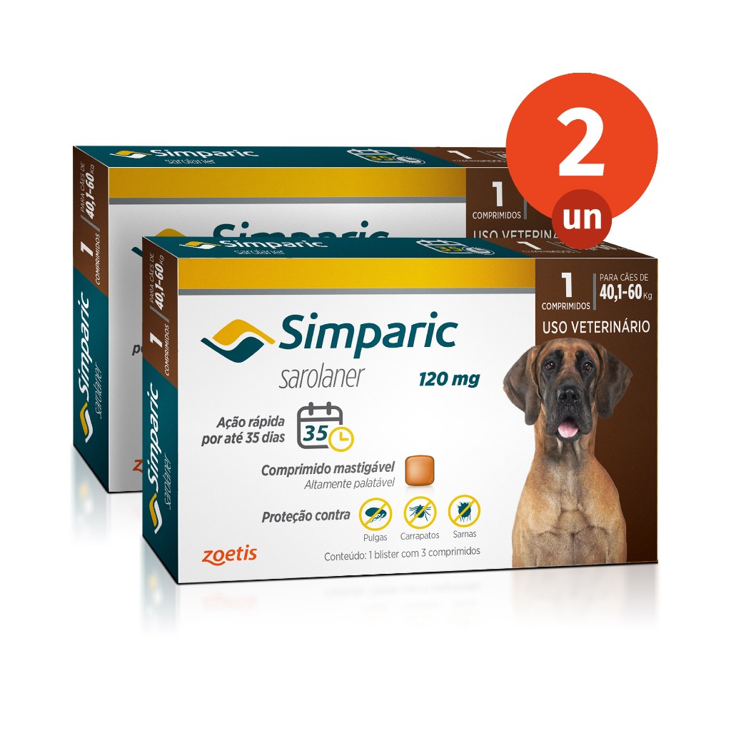 Kit 2 Simparic Antipulgas e Carrapatos para Cães de 40,1 a 60kg 1 Comprimido 120mg Zoetis