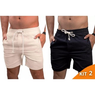 Kit 2 Shorts Linho Masculino Bermuda Casual Mauricinho Premium Leve Slim Praia