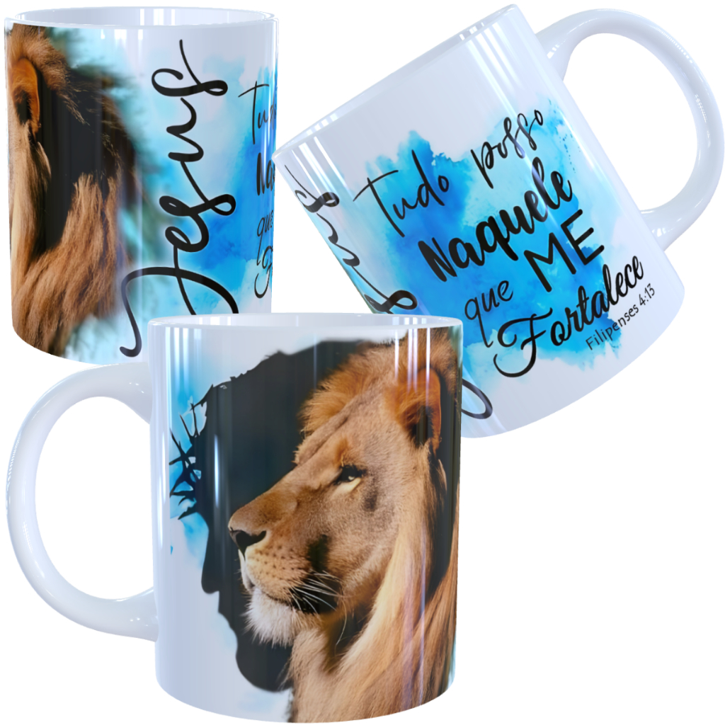 Caneca Tudo posso Naquele que Me fortalece Leao Caneca Leao Filipenses Xicara Leao 325ml Porcelana