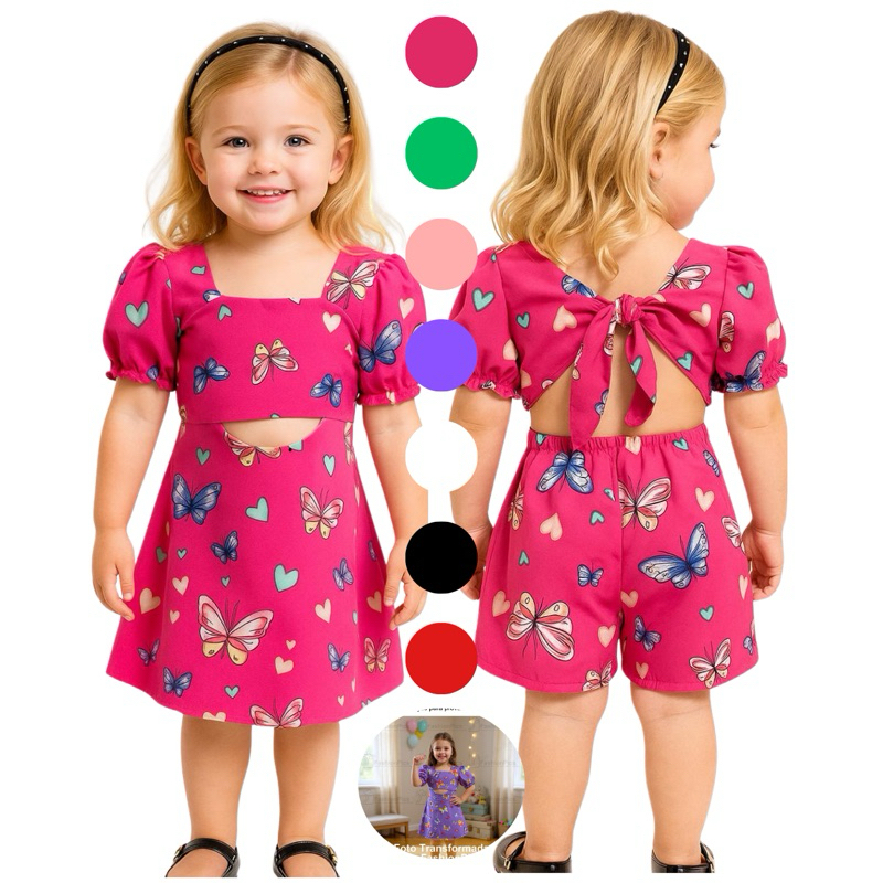 Macaquinho Infantil Feminino Verão com Manga Bufante e Short Saia – Look Blogueirinha Estiloso e Confortável