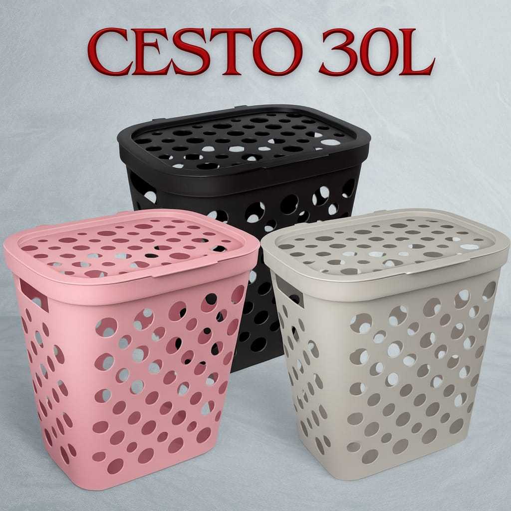 Cesto Telado 30 Litros Com Tampa e Alça Cesto de Roupa Suja Banheiro Lavanderia Limpeza Praticidade