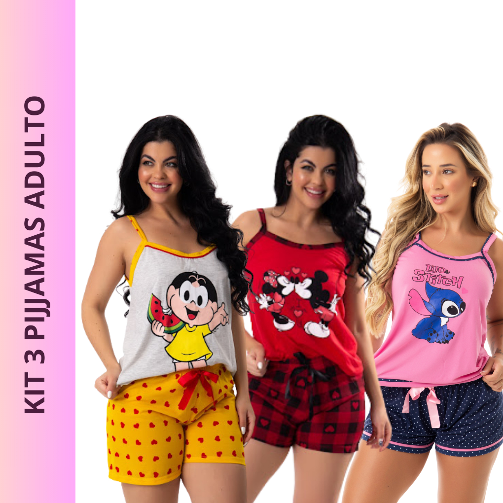 Kit 3 Pijama Feminino Adulto Conjunto Baby Doll Alcinha  Malha Short Blusa LACINHO  Pijama Do stitch