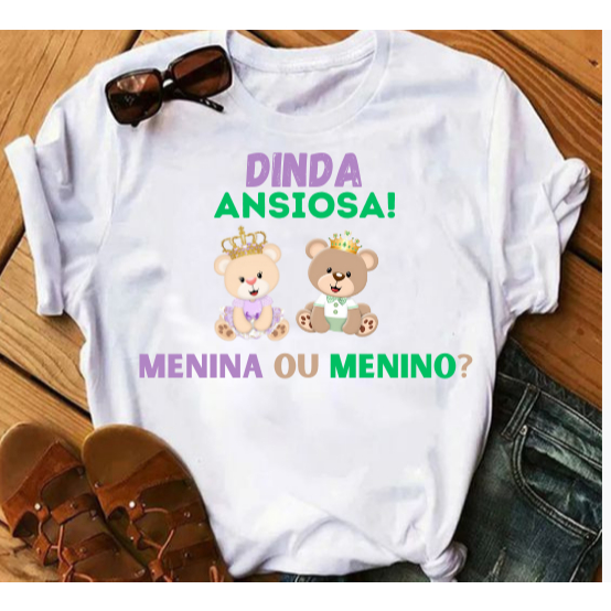 Camiseta Dindo e Dinda Ansioso para Chá de Bebê Menino ou Menina tema Ursos VERDE ROXO