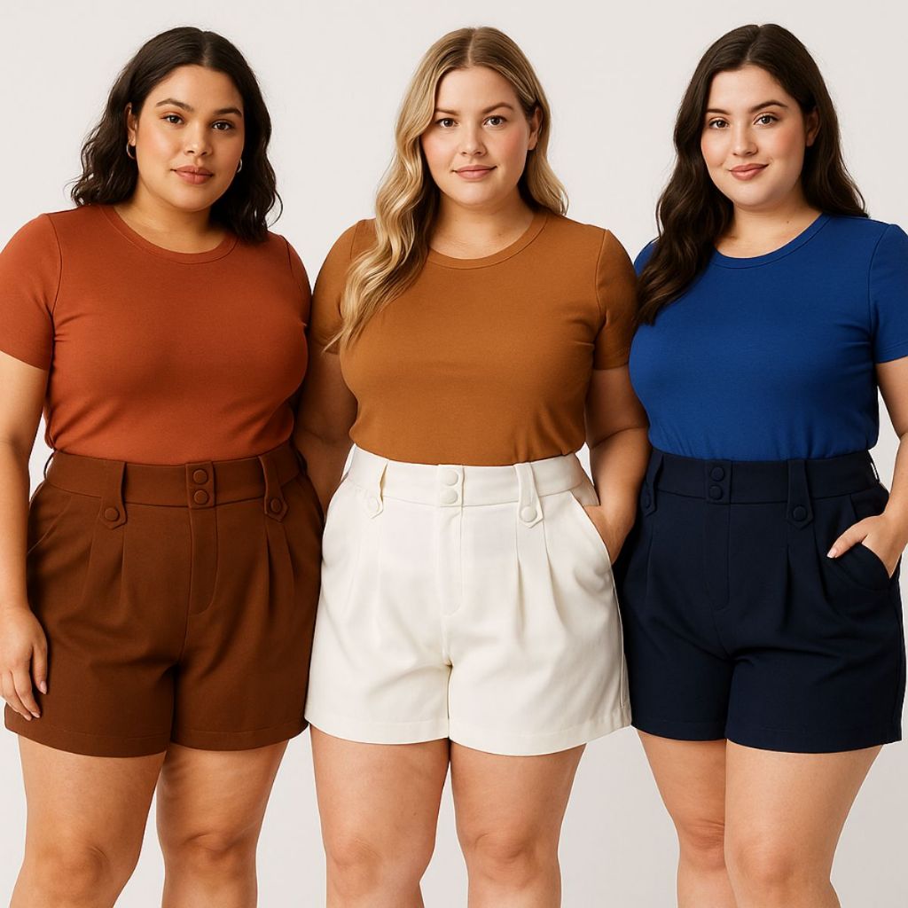 kit com 3 shorts de alfaiataria grande plus size modelo social elegante com elástico e zíper em Oferta na Shopee