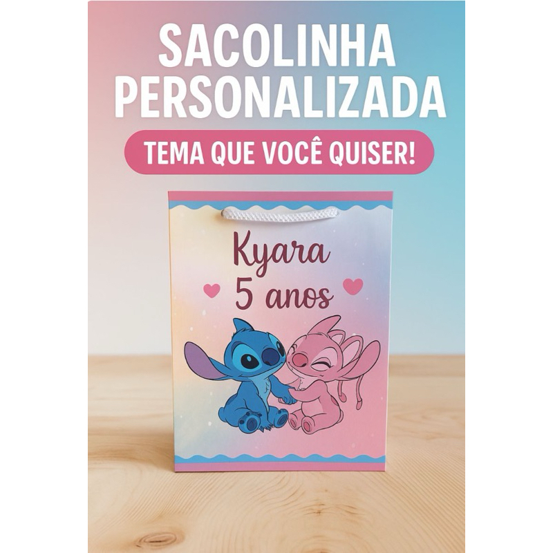 Sacolinha Personalizada Lembrancinha de Festa Infantil – Tema à Escolha/stitch e angel