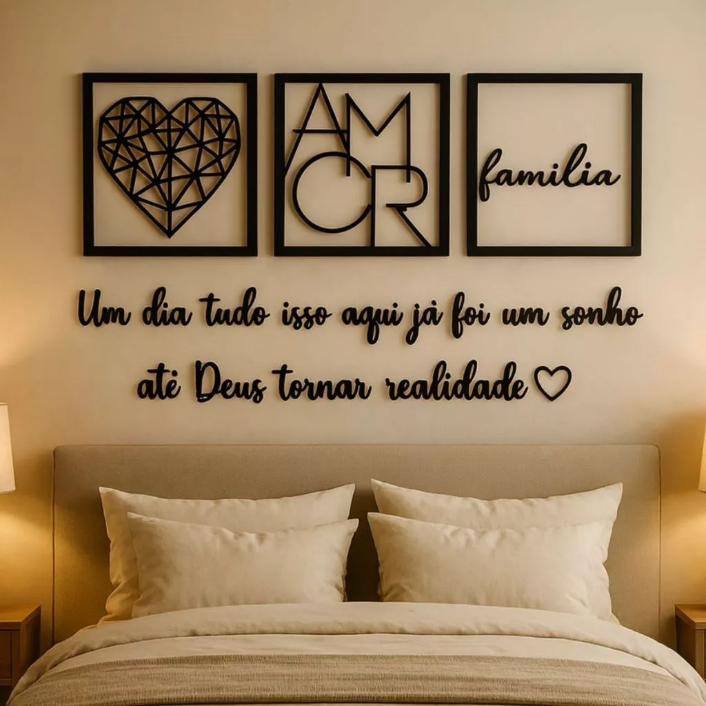 Kit 3 Quadros Cabeceira Familia Coração Geométrico Amor + Frase de Parede Variados Sala + 2 Mini aplique coração — imagem 1