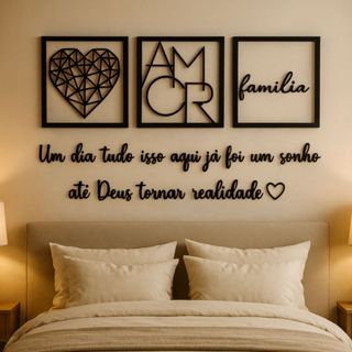 Kit 3 Quadros Cabeceira Familia Coração Geométrico Amor + Frase de Parede Variados Sala + 2 Mini aplique coração em Oferta na Shopee