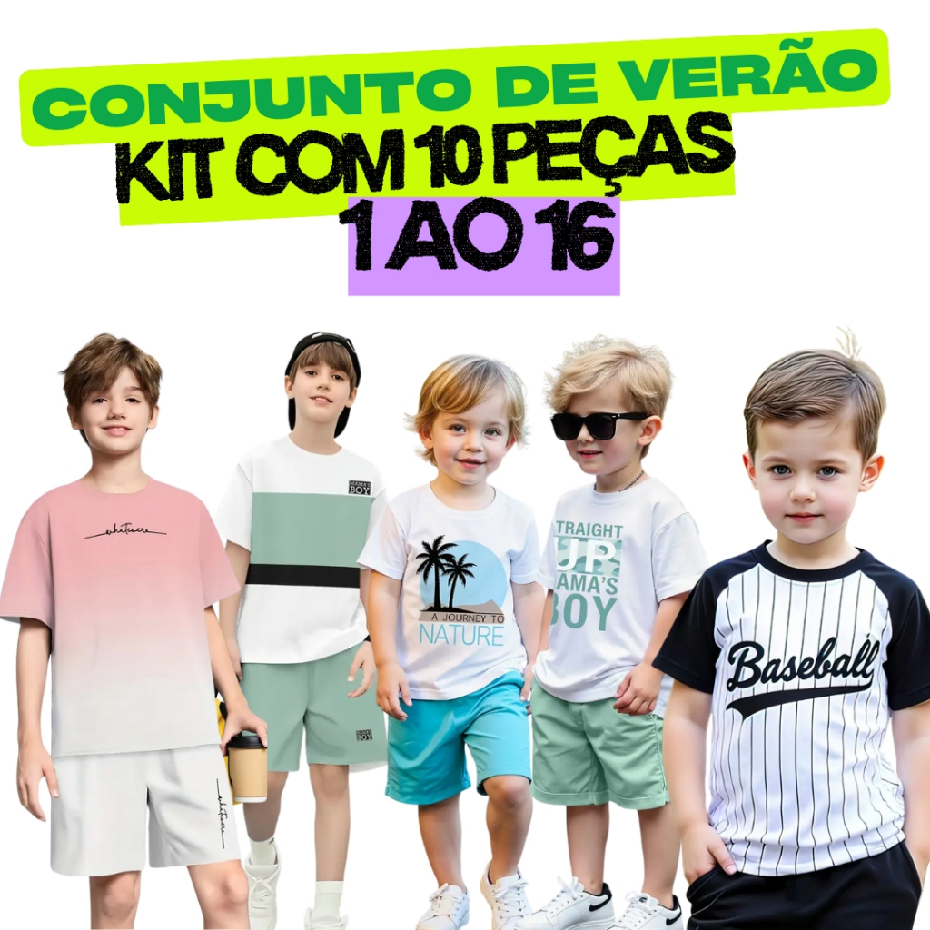 Kit 10 Peças Conjuntos Menino Verão| Roupa Infantil Masculina| 5 Camiseta 5 Bermuda Bebê  1 ao 16