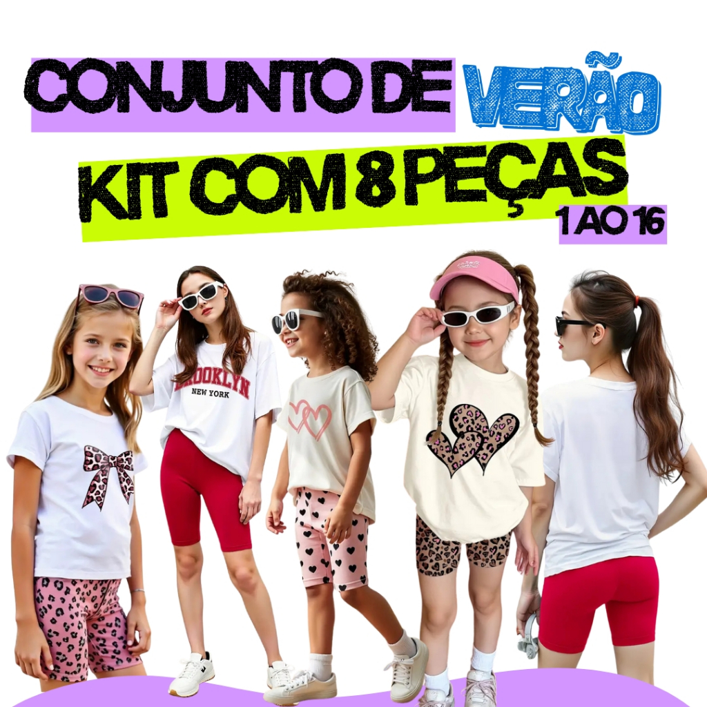 Kit 8 Peças Roupa Infantil Menina 4 Blusa 4 Short Conjunto Infantil Feminino Algodão 1 ao 16