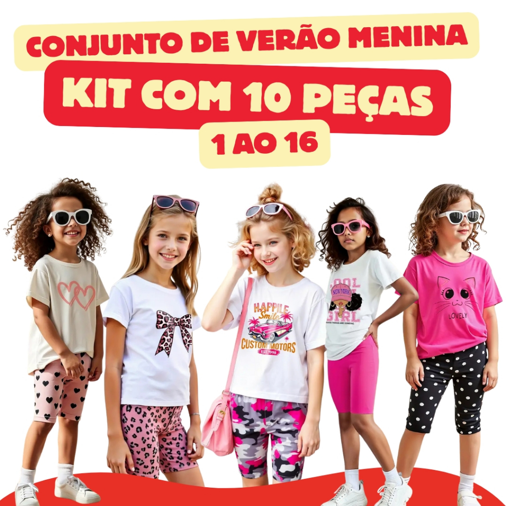 Kit 10 Peças Conjunto Infantil Menina Verão 5 Camiseta e 5 Bermuda Moda Infantil Algodão 1 ao 16