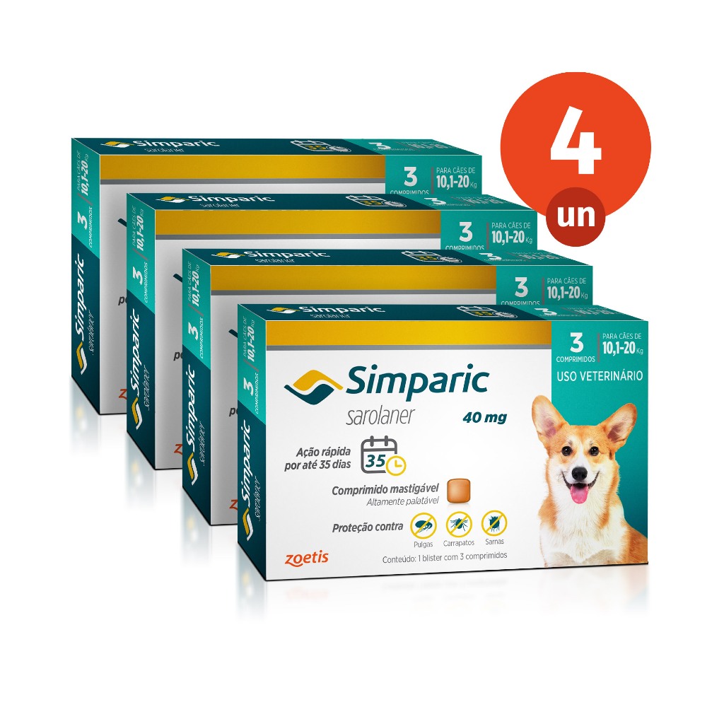 Kit 4 Simparic Antipulgas e Carrapatos para Cães de 10,1 a 20kg 3 Comprimidos 40mg Zoetis