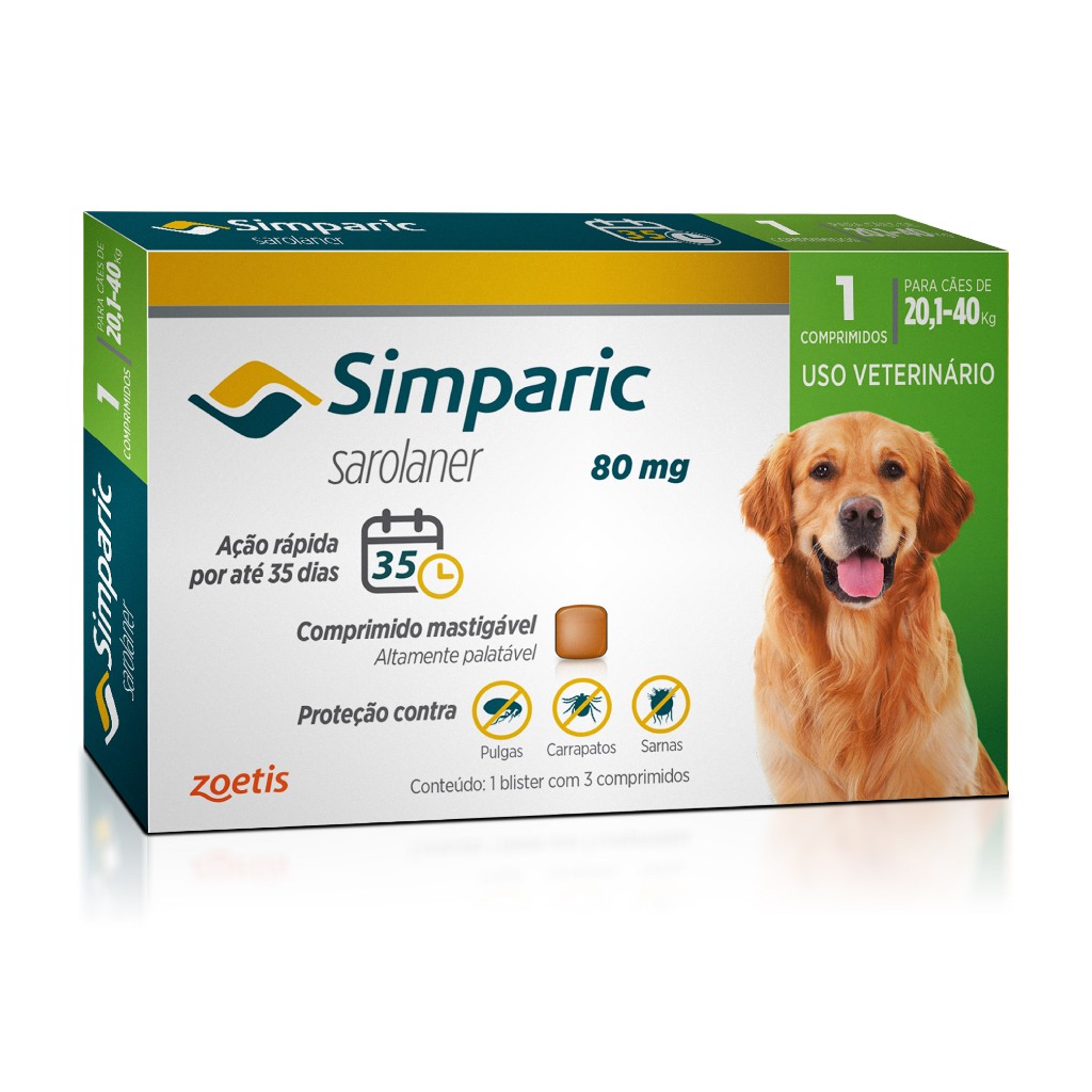 Simparic Antipulgas e Carrapatos para Cães de 20,1 a 40kg 1 Comprimido 80mg Zoetis