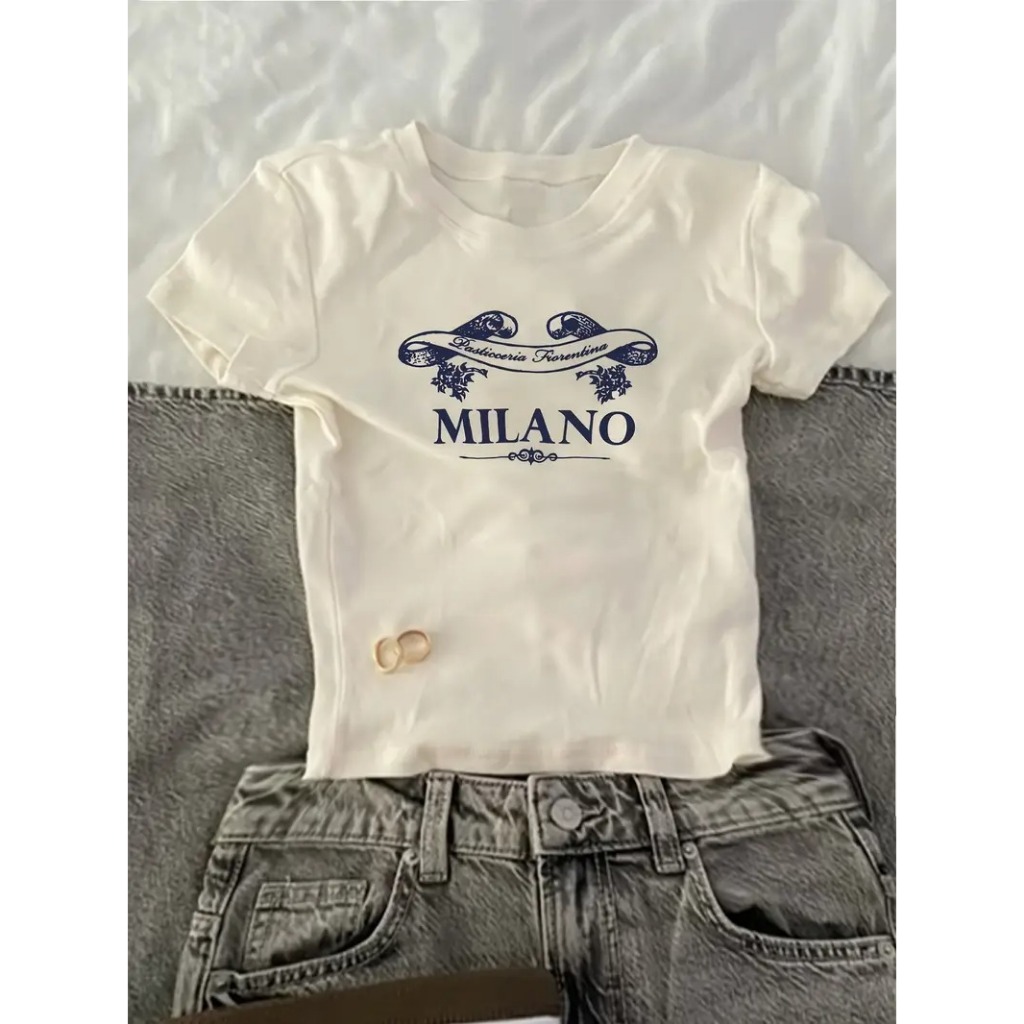 Baby Tee Estampa Y2k Milano Camiseta Feminina Estampada Estilo Retrô Casual Tumblr