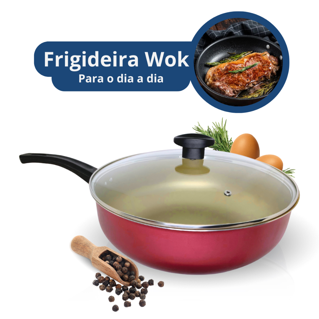 Wok Frigideira Funda Alumínios Portela 28 cm Não Gruda c/ Tampa de Vidro 4,5l