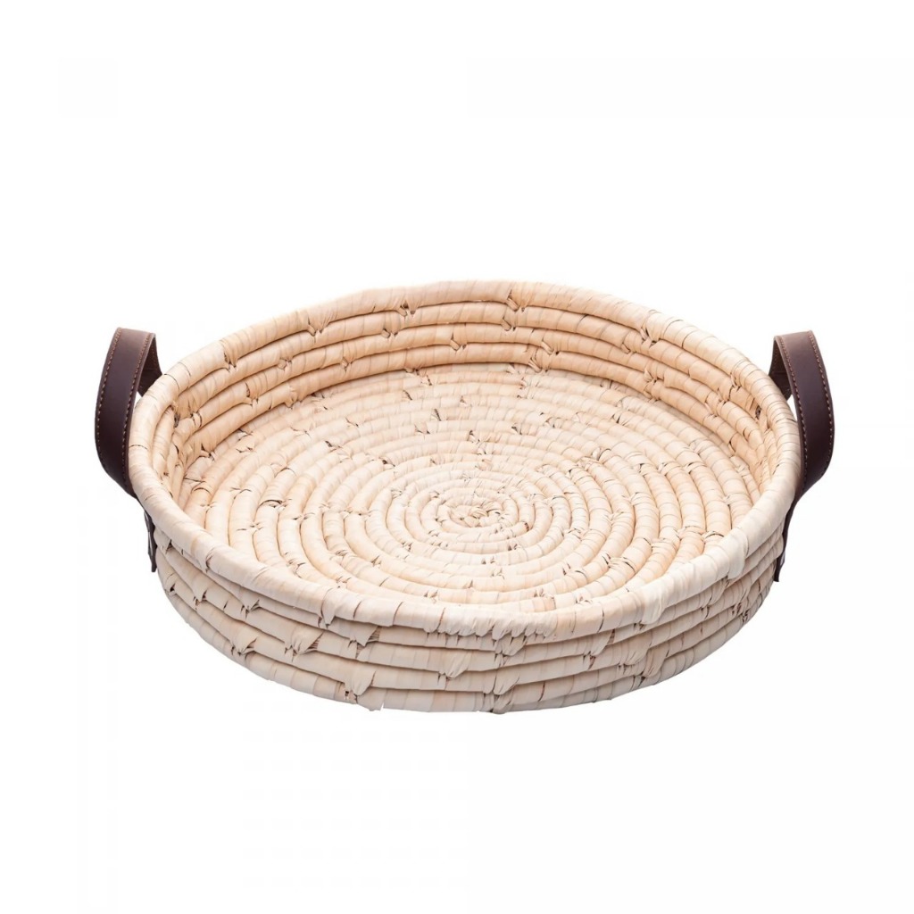 Bandeja Redonda Com Alça em Couro Braid Decorativa Organizadora Cozinha Fruteira de Fibra Natural