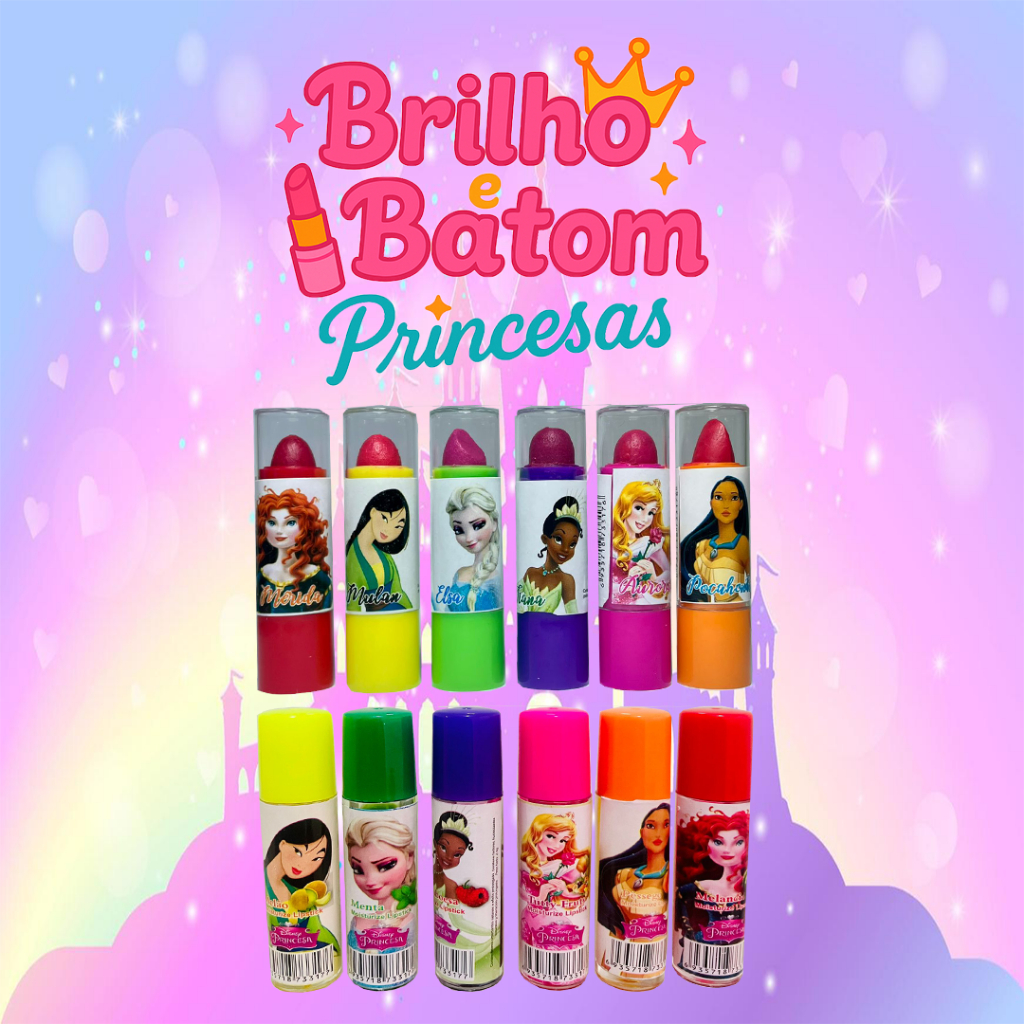Kit princesas 06 batom princesa + 06 Brilho Princesa , infantil,divertido,lembrancinhas/revenda em Oferta na Shopee
