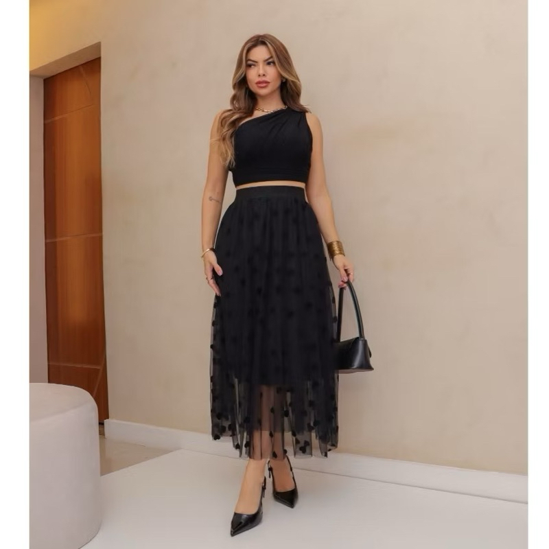 Saia  Moda Feminina Midi Comprida Longa Elegante e Elastica de coraçao/saia midi/saia tule/saia longa（1502）