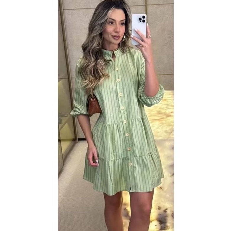 vestido chemise listrado em Oferta na Shopee