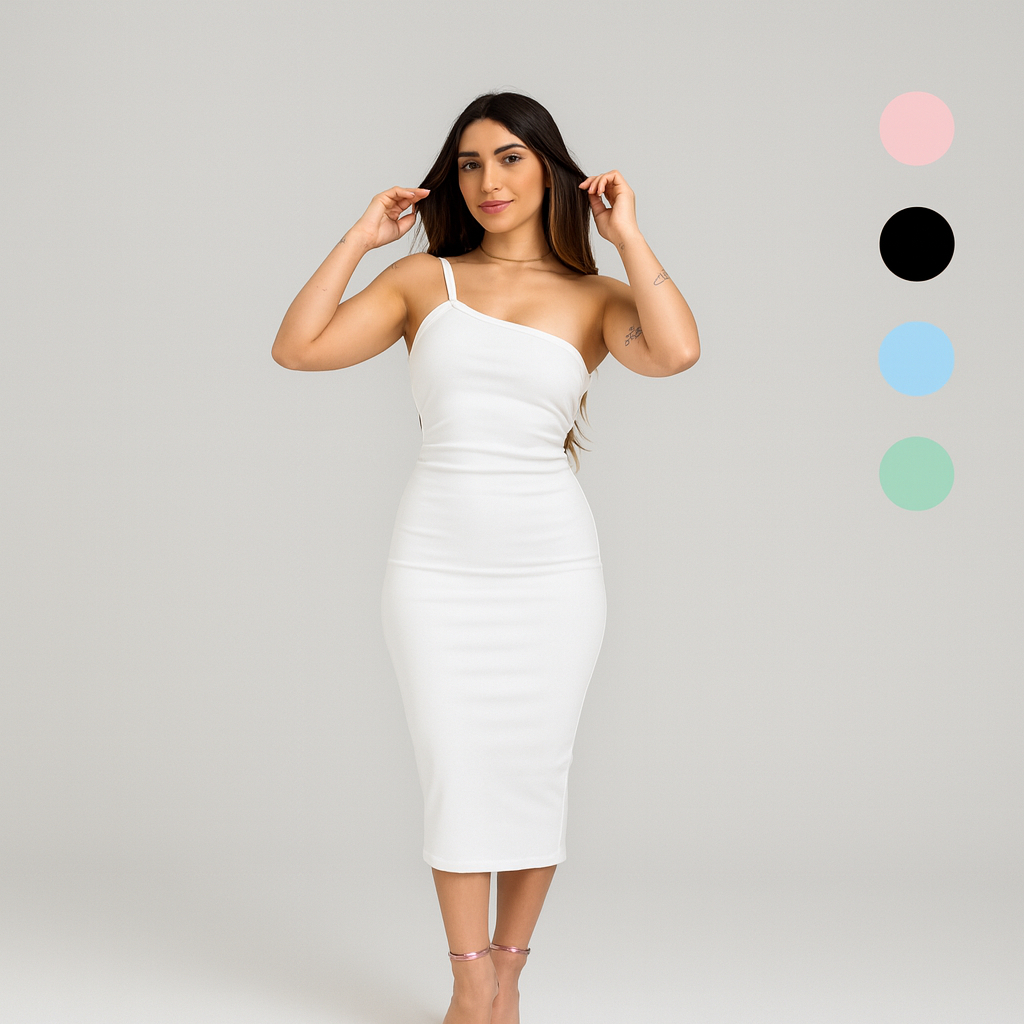 Vestido Feminina Alça Unica Midi Costa Aberta Modinha Confortável