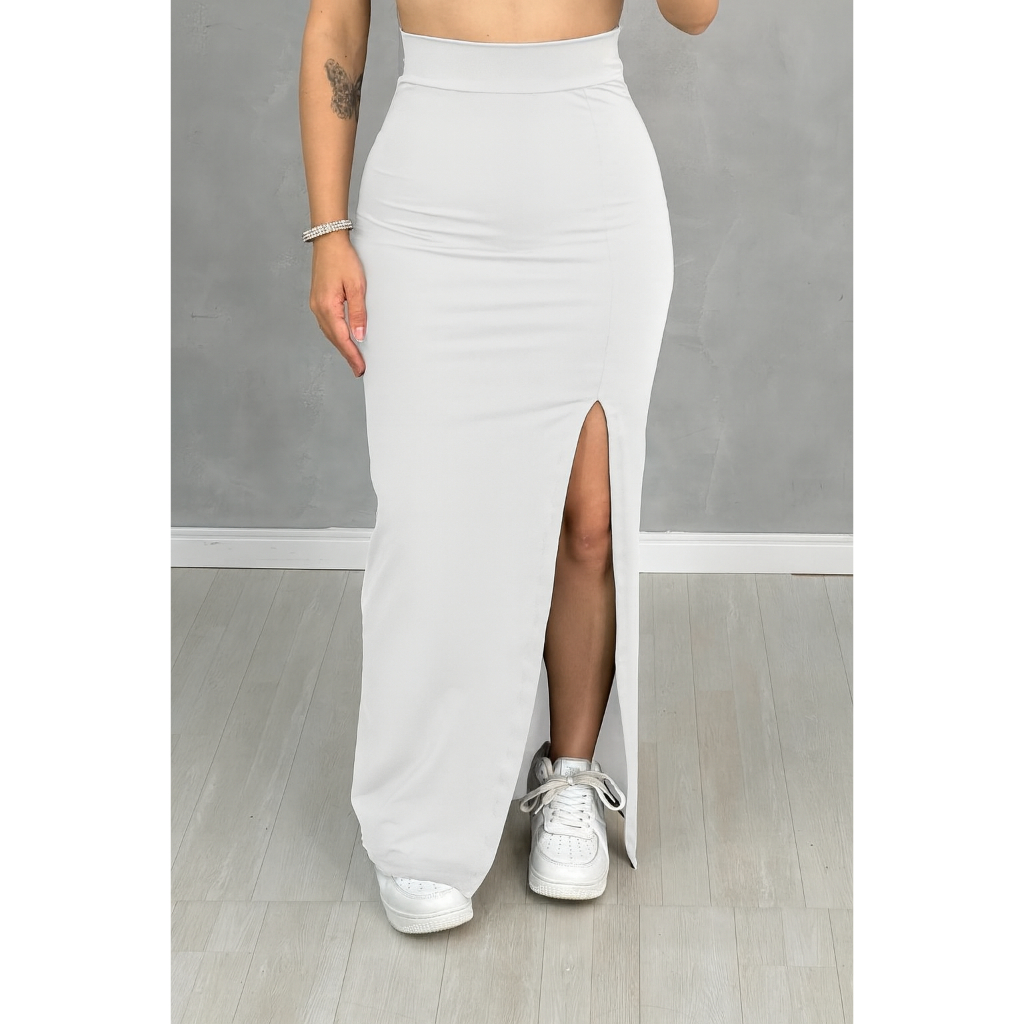 Saia De Cintura Alta Longa Com Fenda Lateral Midi em Oferta na Shopee