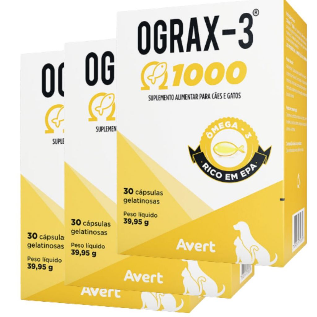 Kit 3 Ograx 1000 Suplemento Ômega 3 Cães Gatos 30 Cápsulas