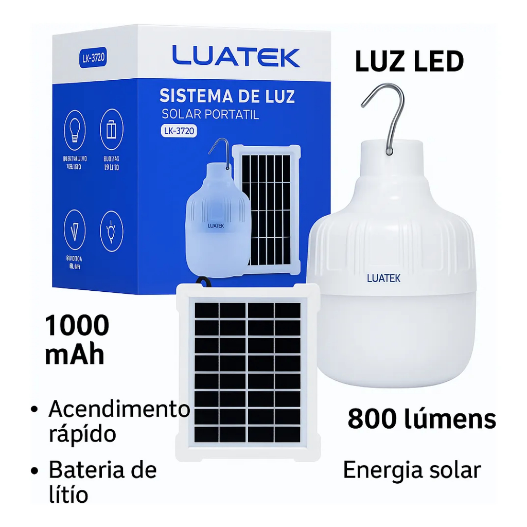 Lâmpada Solar LED Portátil 10W Recarregável com Painel Solar  de Emergência Camping Casa Falta de Energia
