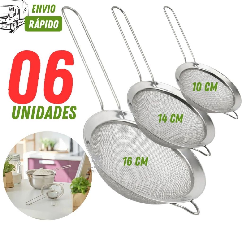 Kit  06/03 0u 01 Peneiras Coador de16cm 14cm 10cm Várias Utilidades Cozinha Restaurante Peneira Inox