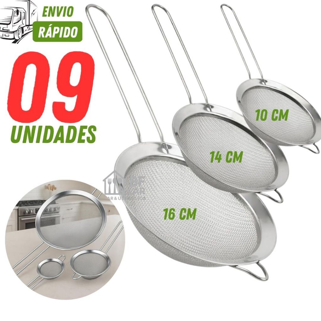 Peneira Inox Kit com 09/06/03/02 Coadores com 16cm 14cm 10cm Cabo Resistente Forte Para Casa Cozinha