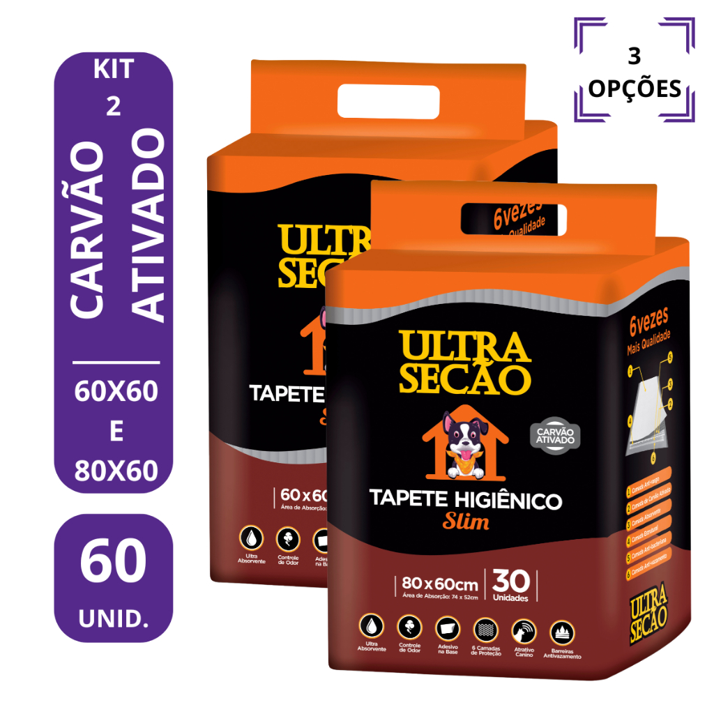 Kit 2 Tapetes Higiênicos para Cães e Gatos Ultra Secão Carvão ativado 60x60cm ou 80x60  60 Unidades
