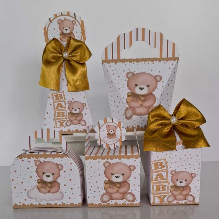 PEGUE E MONTE - KIT FESTA CAIXINHA PERSONALIZADAS LEMBRANCINHA CHÁ REVELAÇÃO DOURADO em Oferta na Shopee