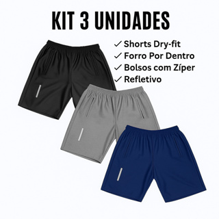 Bermuda dry-fit Kit com 1 2 ou 3 unidades academia ziper no bolso e fitas refletivas em Oferta na Shopee