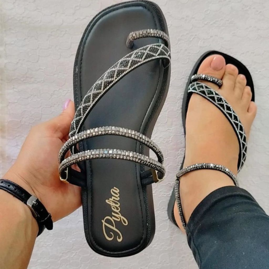 Sandália Rasteira Papete Feminina Meia Lua Strass Ajustável Promoção Lançamento