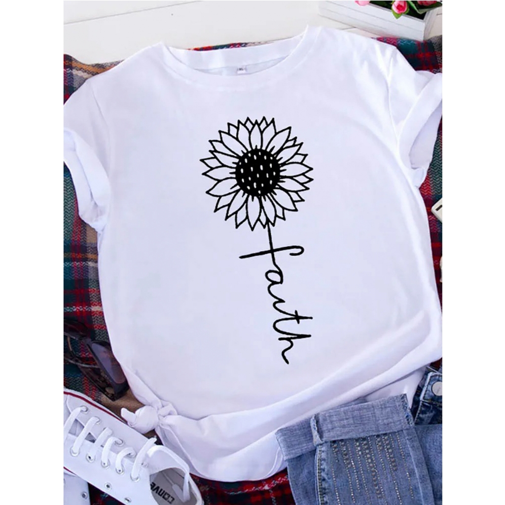 Camiseta Feminina Estampa Girassol Algodão Casual Moda + Brinde