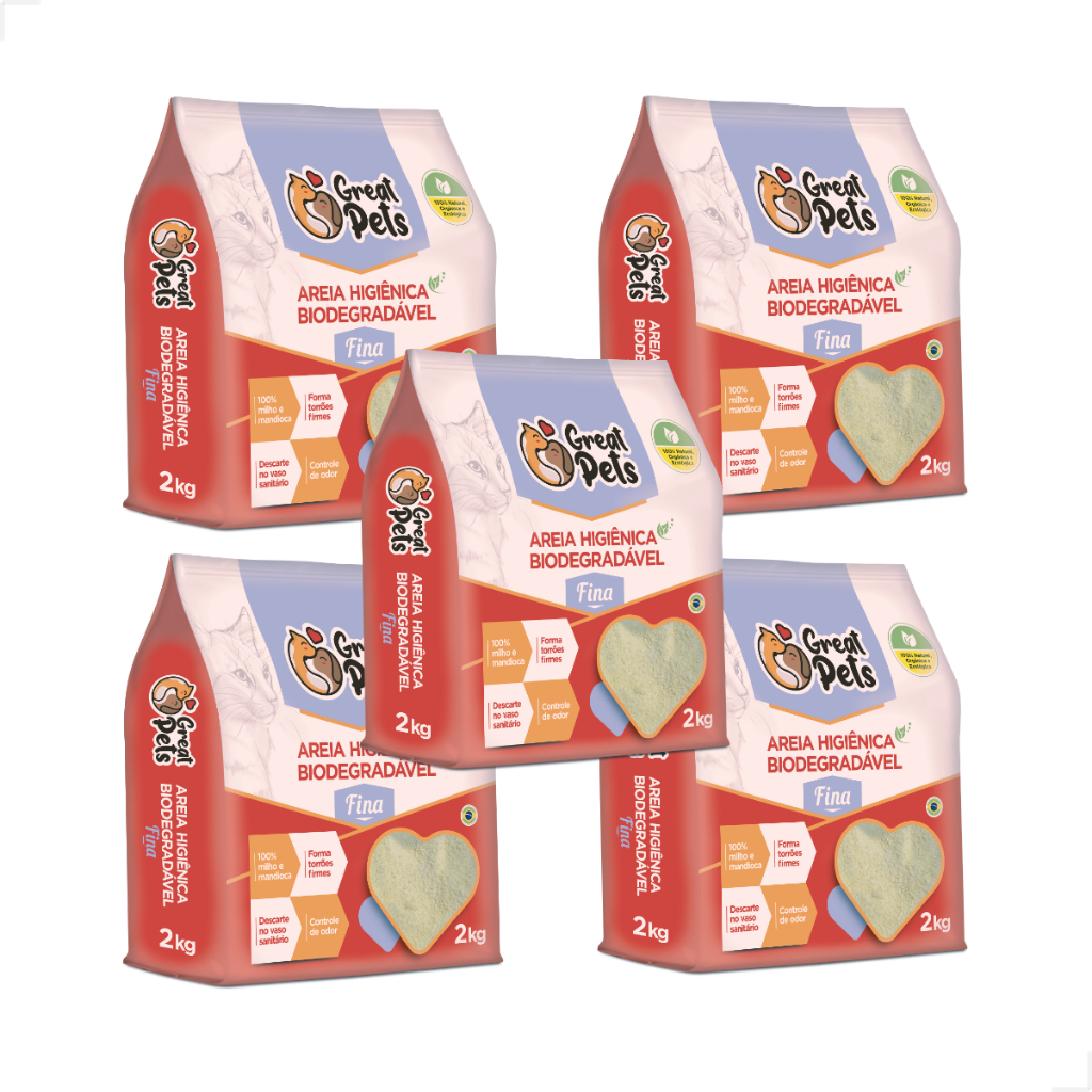 KIT 5 Areias Para Gatos Biodegradavel Mandioca Milho Fina Grossa 10kg - Great Pets em Oferta na Shopee