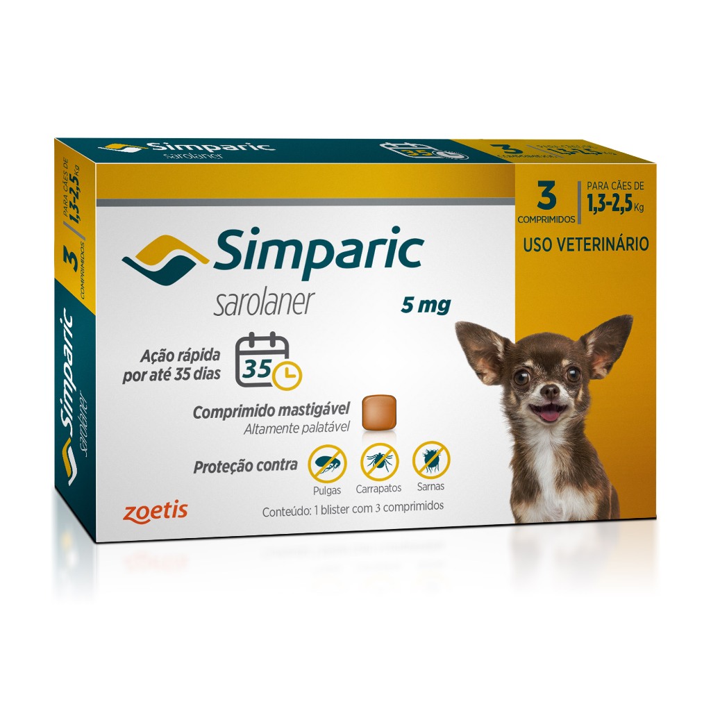 Simparic Antipulgas e Carrapatos para Cães de 1,3 a 2,5kg 3 Comprimidos 5mg Zoetis