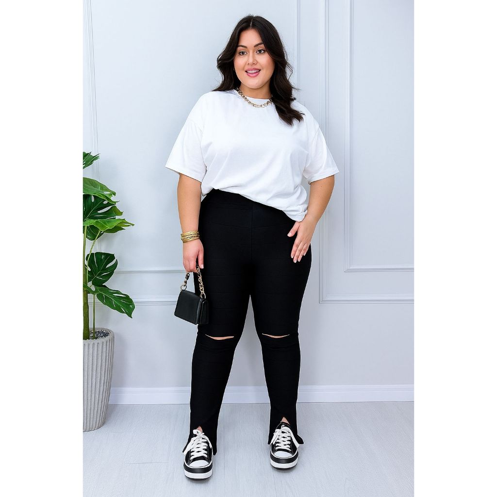 Calça Leg Bandagem Feminina Plus Size Rasgo joelho Novidade ate 58