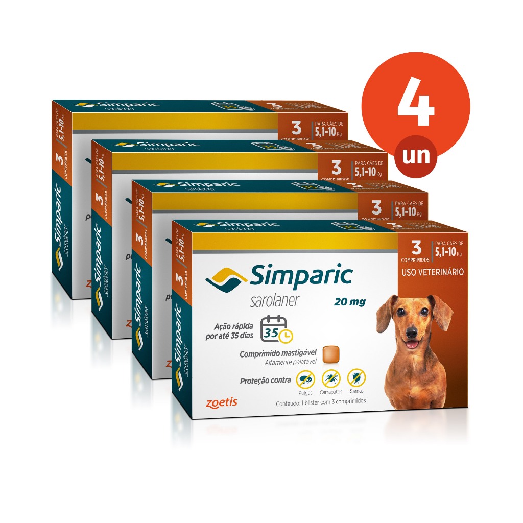 Kit 4 Simparic Antipulgas e Carrapatos para Cães de 5,1 a 10kg 3 Comprimidos 20mg Zoetis