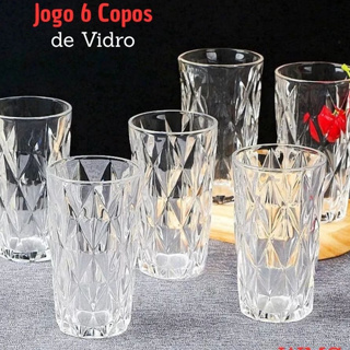 JOGO 6 COPOS DIAMANTE 400 ML VIDRO RESISTENTE DRINK VINHO SUCO NATURAL ALTO RELEVO em Oferta na Shopee