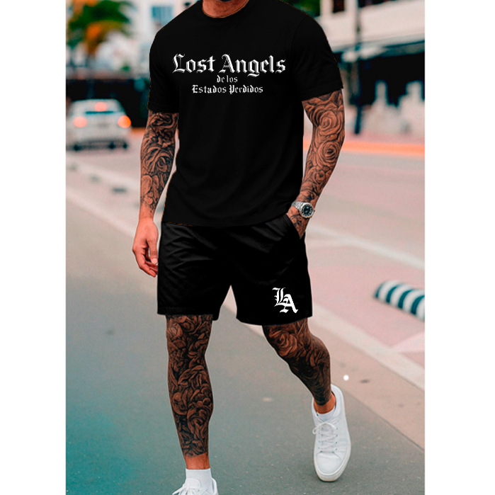 Kit Camiseta + Short Tectel Lost Angels Camisa 100% Algodão Bermuda Tactel em Varias Cores