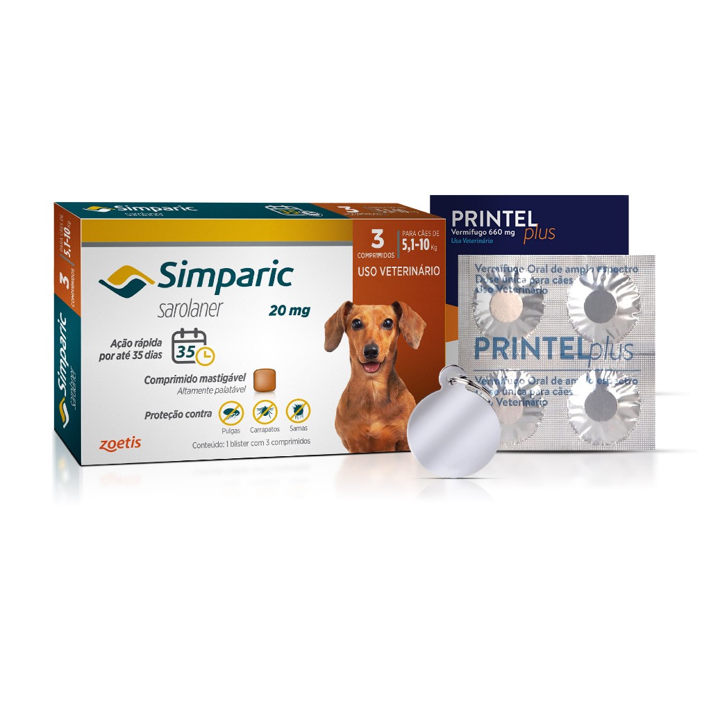 Kit Simparic Cães de 5,1 a 10kg 3 Comprimidos + Vermífugo Printel Plus e Medalha de identificação (PRINTEL PLUS CARTELA)