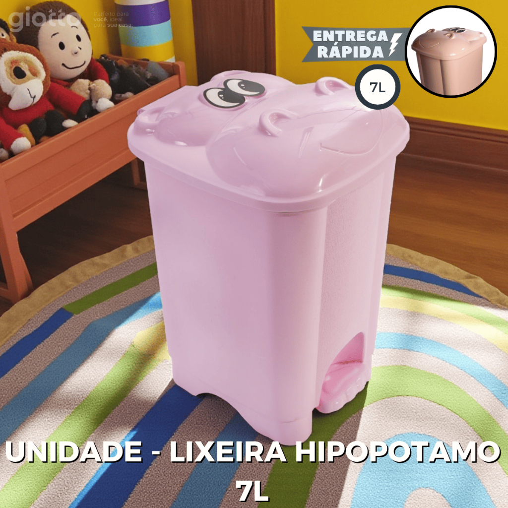 Lixeira Hipopotamo Com Pedal Infantil 7 Litros Rosa Feminino Meninas Fofinho Quarto Organização em Oferta na Shopee